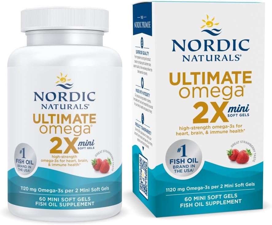 Nordic Naturals Ultimate Omega 2X Mini, Strawberry Flavor - 60 Mini Soft Gels Heart Health 1120 mg Omega-3  - 30 Servings